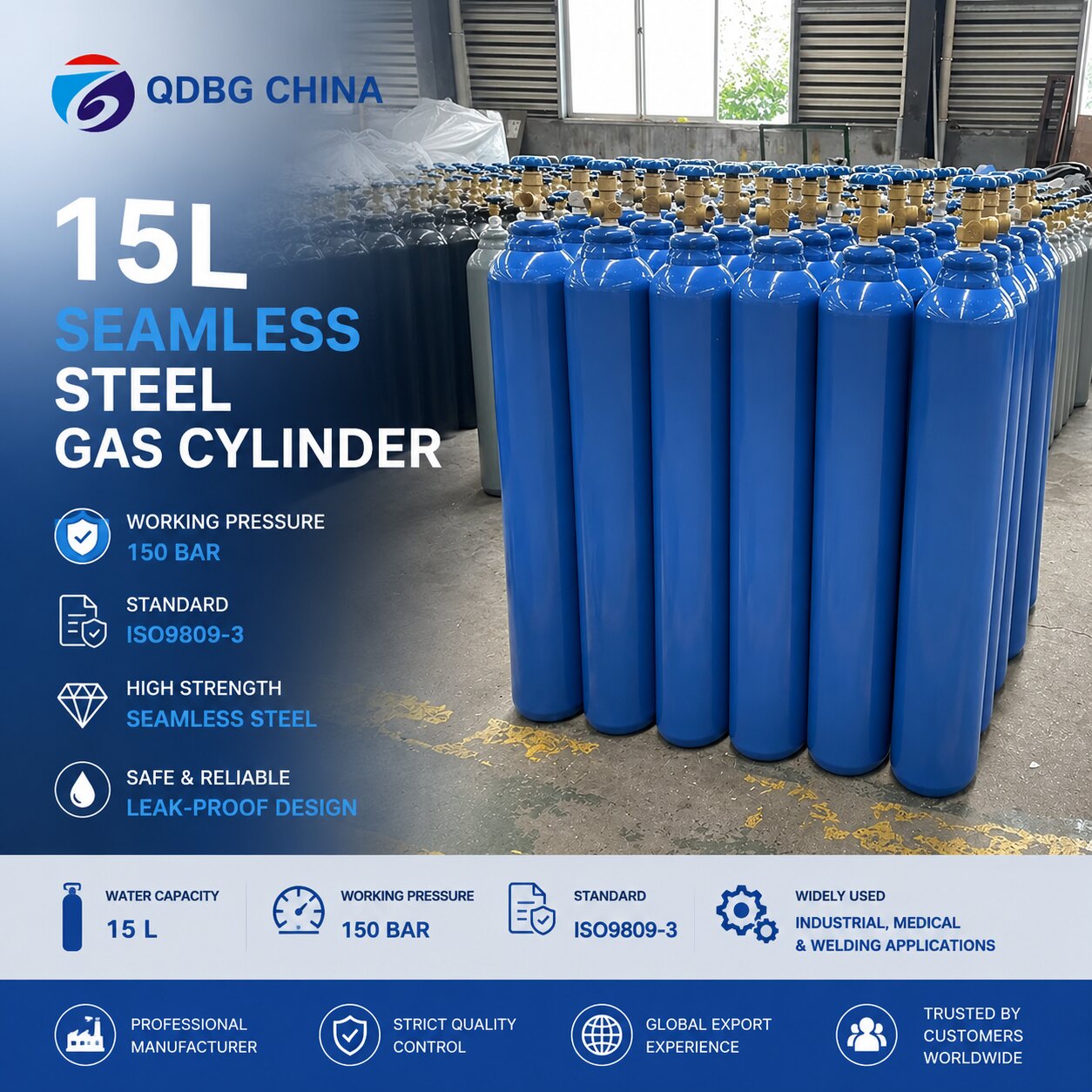 QDBG CHINA 15 litre blue seamless steel gas cylinders
