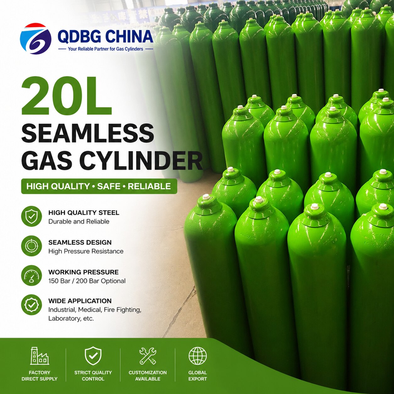 QDBG CHINA 20 litre green seamless steel gas cylinders