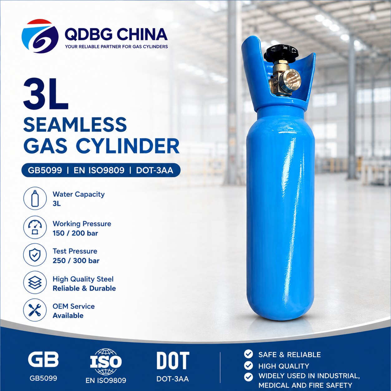 QDBG CHINA 3 litre seamless steel gas cylinder