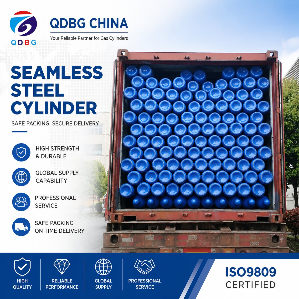 QDBG CHINA 40 litre seamless steel gas cylinders loaded for export