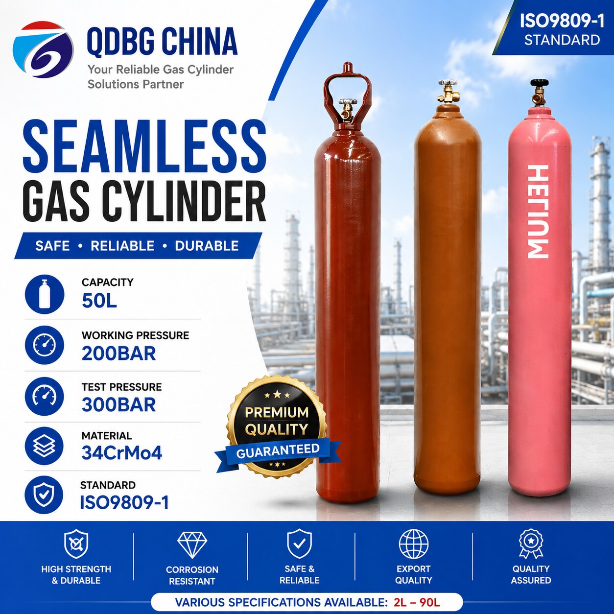 QDBG CHINA 50 litre 200 bar seamless steel gas cylinders