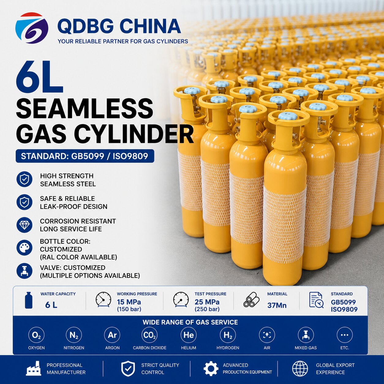 QDBG CHINA 6 litre seamless steel gas cylinders