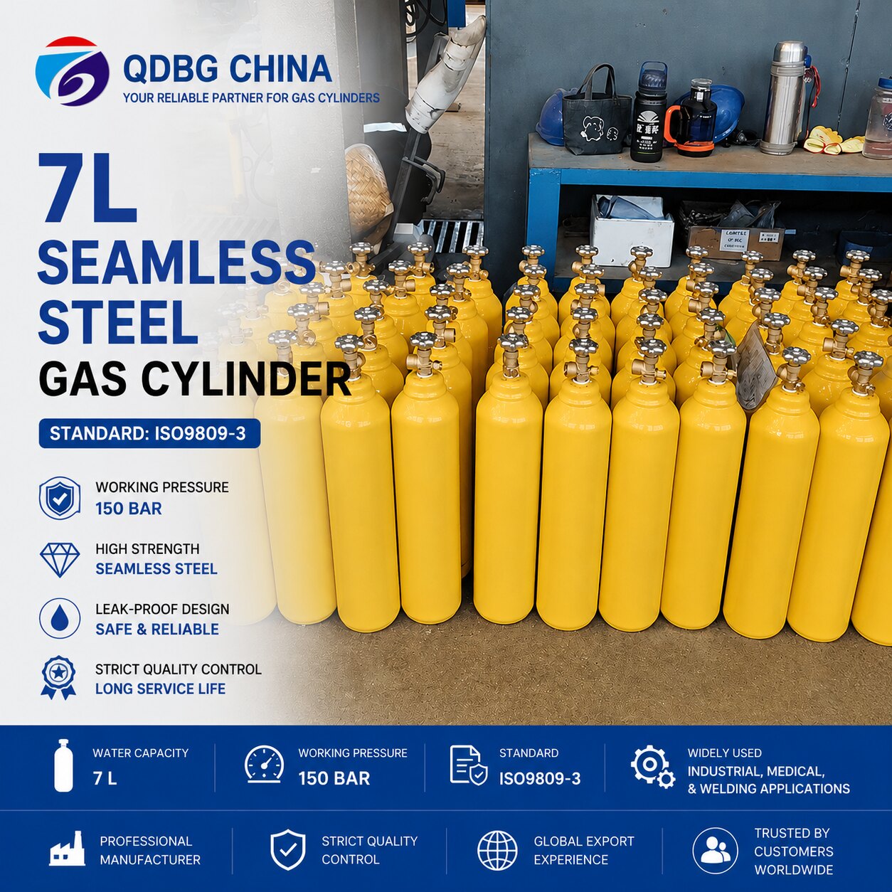 QDBG CHINA 7 litre seamless steel gas cylinders in production