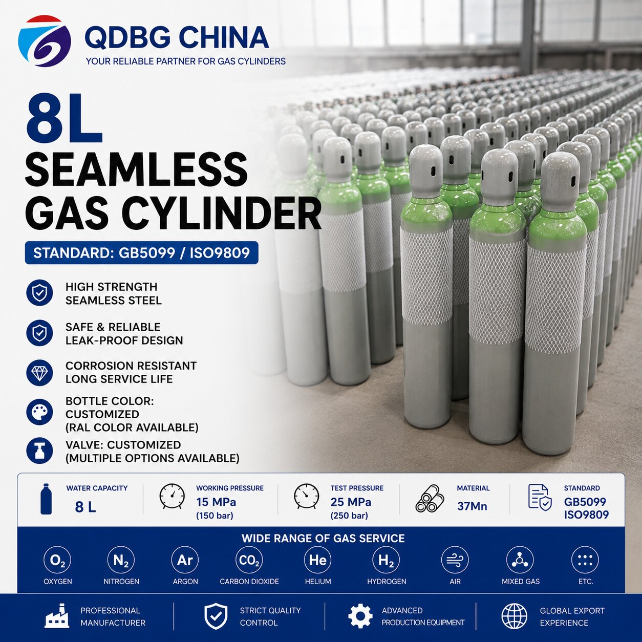QDBG CHINA 8 litre seamless steel gas cylinders